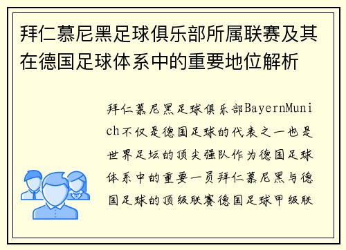 拜仁慕尼黑足球俱乐部所属联赛及其在德国足球体系中的重要地位解析